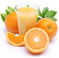 Orange juice and fruits.