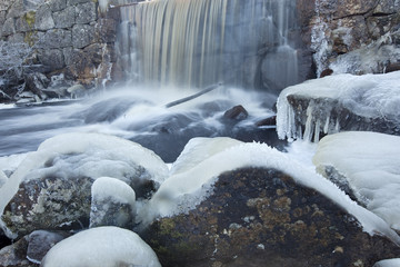 Winter landscape with ice and waterfall