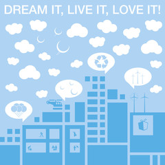 Eco town vector background with clouds