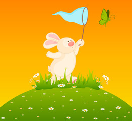 Obraz na płótnie Canvas Vector cartoon little toy bunny with butterfly