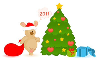 Obraz premium Vector cartoon little toy bunny with fir-tree and gifts