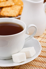 Breakfast: a cup of tea with a lump sugar and crackers