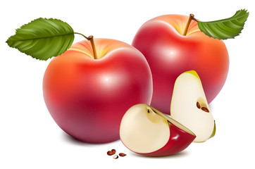Vector. Ripe red apples with green leaves.