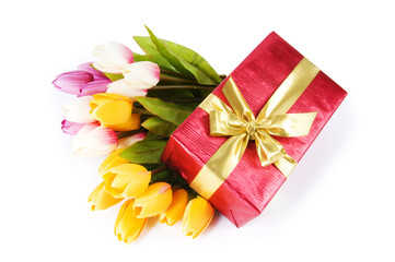 Celebration concept - gift box and tulip flowers