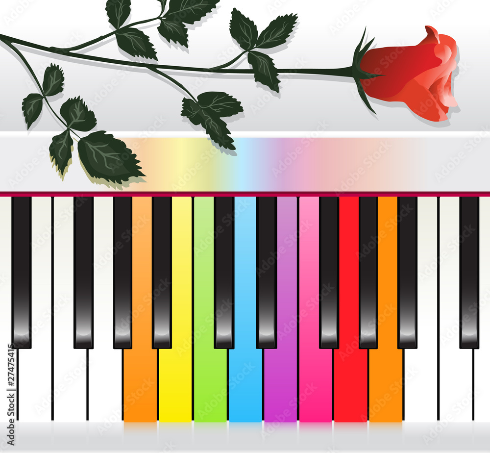 Wall mural piano with multicolored keys and red rose