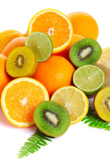 Fototapeta na wymiar Fresh tropical fruits isolated on a white background (kiwi, oran