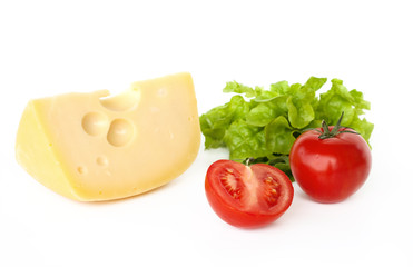 piece of cheese, tomatoes and salad