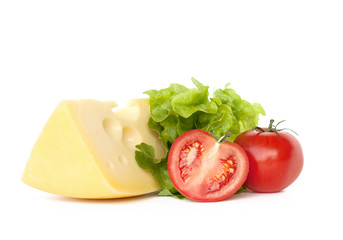 piece of cheese, tomatoes and salad