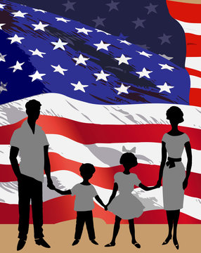 Silhouette of a family background on American flag
