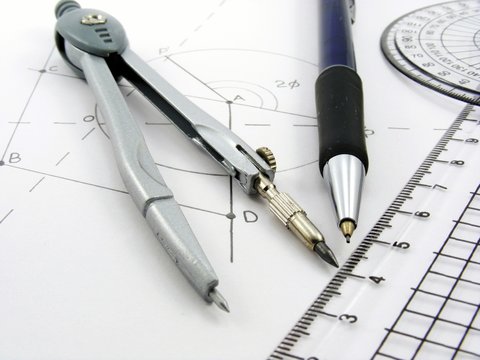 Geometrical diagram with compass & other utensils