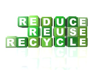 Green blocks that spells out REDUCE, REUSE & RECYCLE