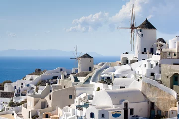 Poster Santorin Traditional windmills in village Oia of Cyclades island Santorin