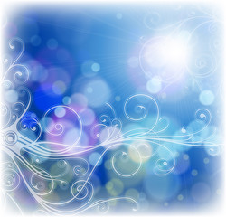 vector floral ornament, blue sky & fiery ray of lights