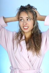 Naklejka premium Happy woman with shaggy hair