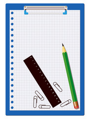 Clipboard, pencil and ruler over a white background