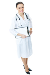 Top view full body portrait of doctor or nurse with clipboard