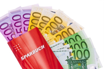 Euro Geldscheine und Sparbuch