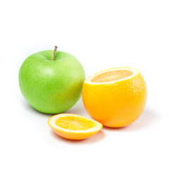 Fresh green apple and sliced orange on white background