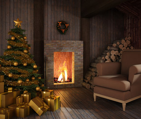 rustic hut´s fireplace at christmas