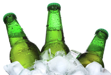 Bottles of beer are in ice