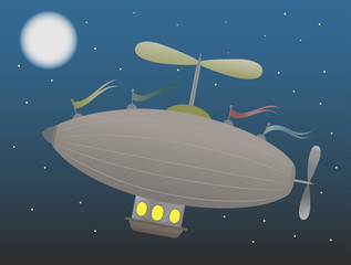Brown Fantasy Airship soaring up towards moon illustration