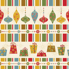 Seamless pattern with decorated balls and gifts