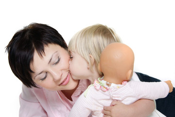 studio shot of loving mother and daughter over white