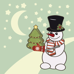 Retro Christmas card with a snowman.
