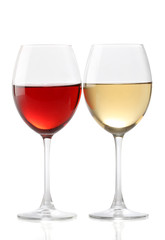 Two glasses of wine, one with red and the other with white