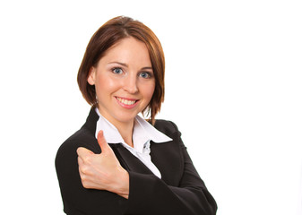 Adorable smiling businesswoman against white backgound