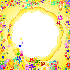 Yellow Frame of Colorful Flowers on a White Background