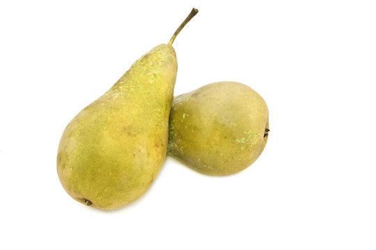 Two ripe pears on a white background.