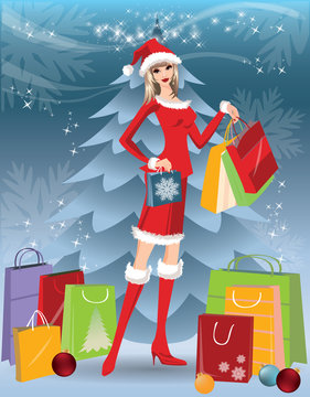 Christmas shopping card with Santa girl. vector illustration