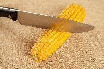 Maiskolben mit Küchenmesser