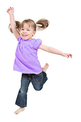 Adorable little girl jumping in air. isolated on white