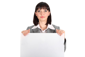 business woman behind a white papper