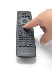 Finger holding a remote control with isolated on white