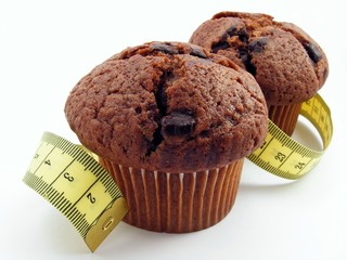 2 chocolate muffins with measuring tape