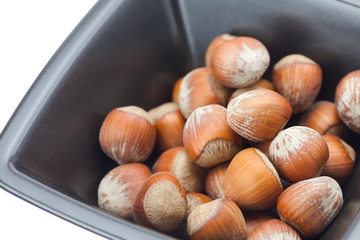 hazelnuts in a bowl isolated on white