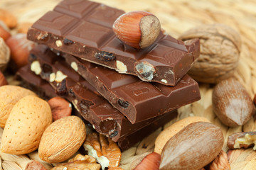 bar of chocolate and nuts on a wicker mat
