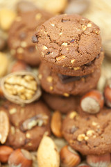 Fototapeta na wymiar oatmeal cookies, chocolate and nuts on a wicker mat