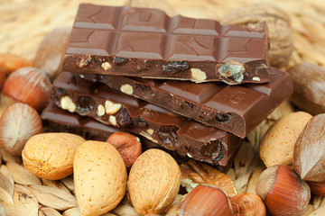 bar of chocolate and nuts on a wicker mat