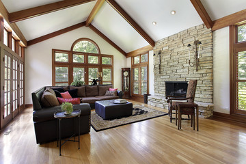 Family room with stone fireplace
