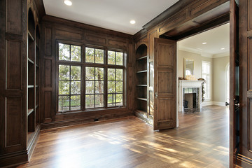 Library with living room view