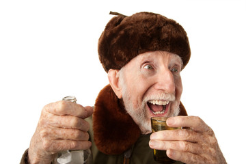 Russian Man in Fur Cap with Vodka