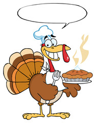 Happy Turkey Chef With Pumpkin Pie And Speech Bubble