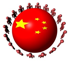 Circle of people around Chinese flag sphere illustration