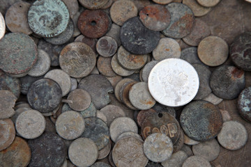 Old coins from different countries, El-Jem market, Tunisia