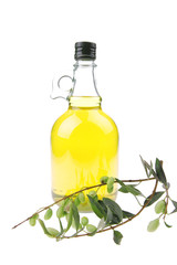 olive oil and olives on white