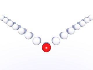 Conceptual crowd of spheres with one red glass sphere